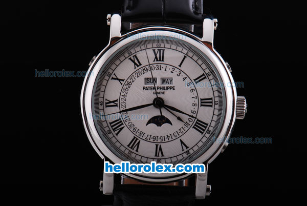 Patek Philippe classic Automatic Movement with White Dial and Black Roman Marking-Black Leather Strap - Click Image to Close
